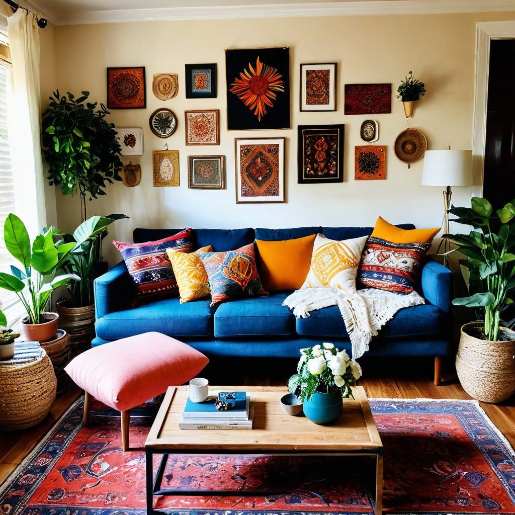 A cozy living room featuring various DIY wall decorations, such as handmade wall art, framed photos, and colorful tapestries. Include vibrant plants and stylish furniture to emphasize a transformed space. Showcase a warm, inviting atmosphere with soft lighting and eclectic design elements. super-realistic. vibrant colors. cozy ambiance.