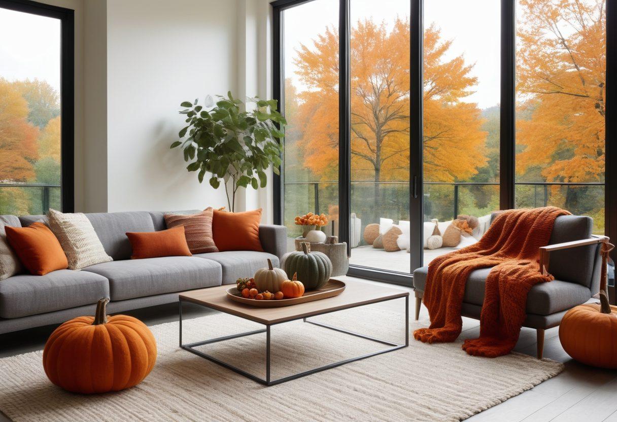 A stylish modern living room adorned with seasonal decorations, showcasing vibrant autumn leaves, cozy knitted throws, and elegantly arranged pumpkins. The room features contemporary furniture and large windows letting in warm natural light, creating an inviting atmosphere. Subtle touches of winter decor with a hint of greenery, balanced by a minimalist aesthetic. super-realistic. vibrant colors. cozy atmosphere.