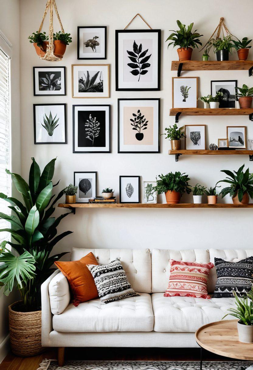 A cozy living room featuring an eclectic mix of wall decor ideas, including colorful art prints, macrame hangings, and framed photographs. The space is filled with lush plants and a stylish sofa to create a warm ambiance. Soft lighting enhances the aesthetic appeal, showcasing a blend of modern and bohemian styles. Minimalist accessories sit on shelves to add charm. bright, airy, super-realistic.